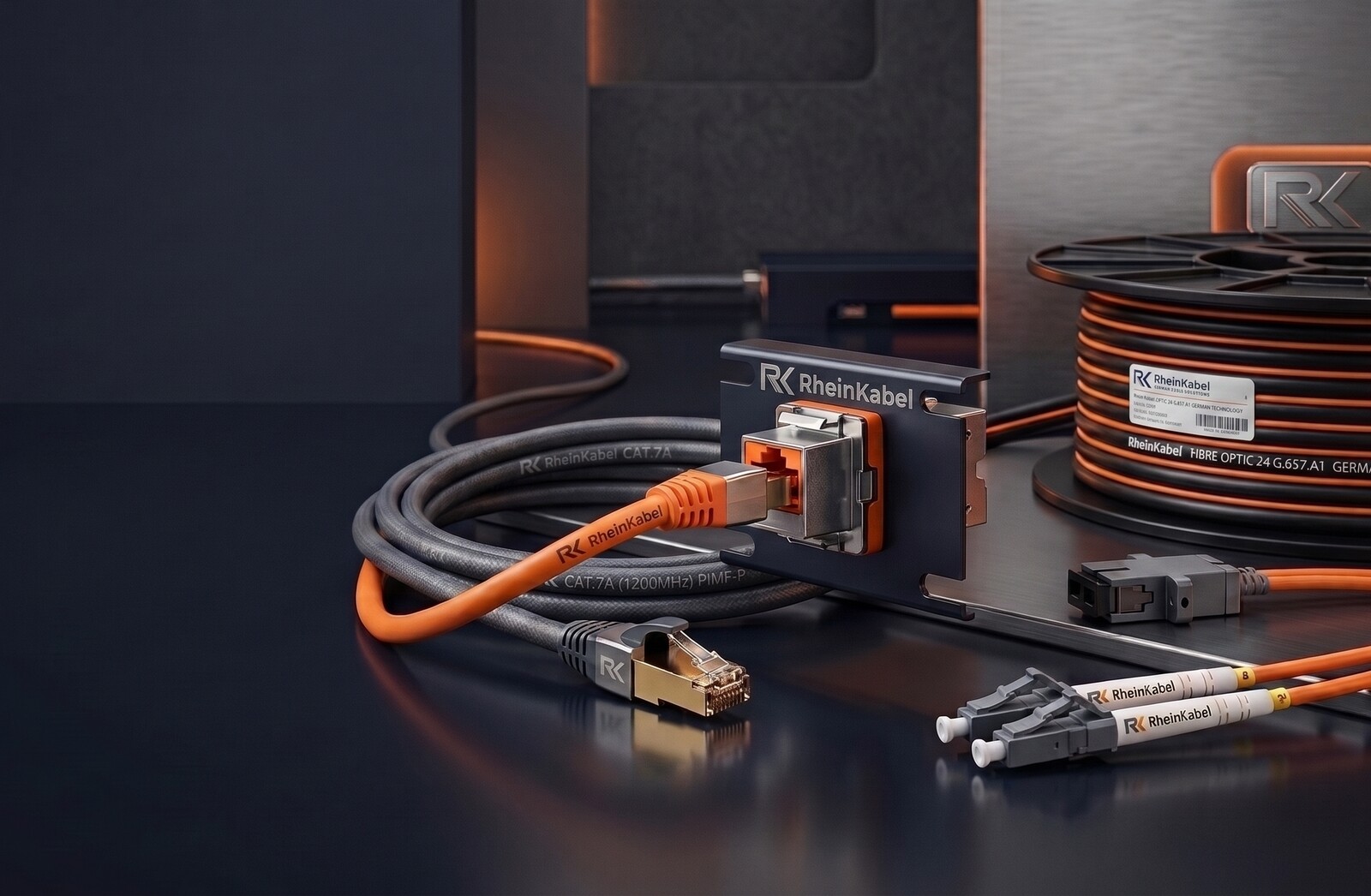 RheinKabel copper and fibre-optic components: patch cord, keystone module and fibre-optic cable